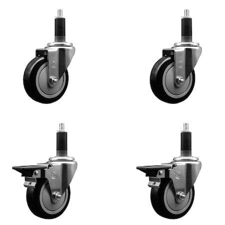 Service Caster 4'' Black Poly Wheel Swivel 1-1/8'' Expanding Stem Caster Set 2 Brakes, 4PK SCC-EX20S414-PPUB-BLK-2-PLB-2-118